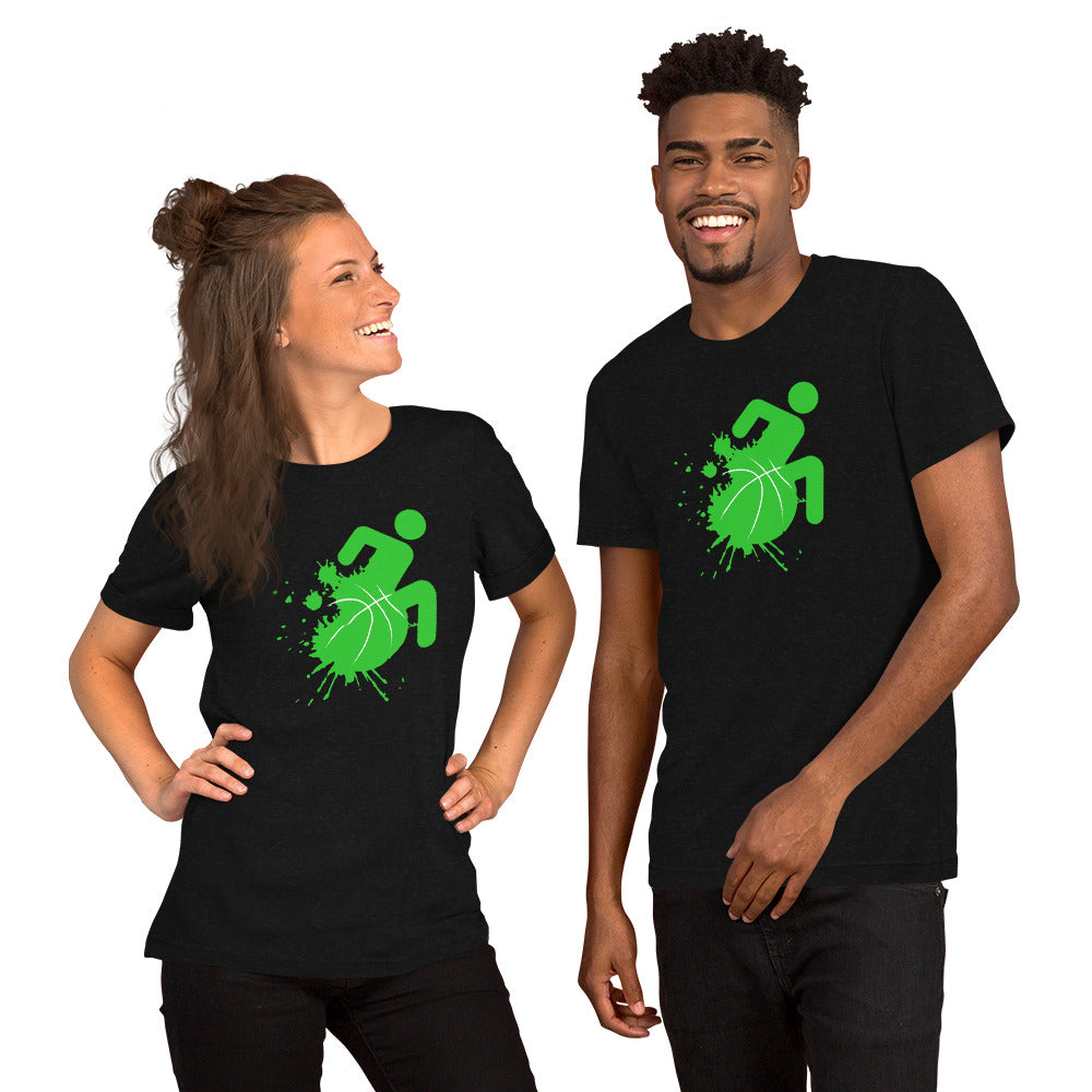 Bright Green Splatter Wheel Wheelchair Basketball Unisex t-shirt